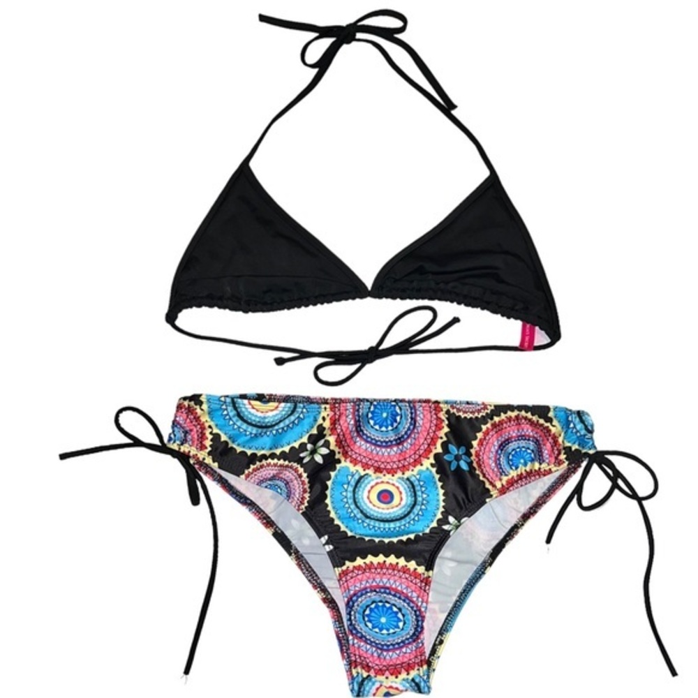 Victoria’s Secret sz L black tie top w colorful geometric print bikini swimsuit